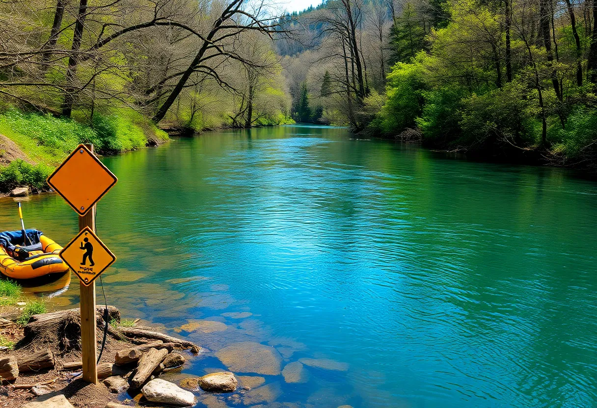 A tranquil view of Elkhorn Creek highlighting safety measures for water activities.