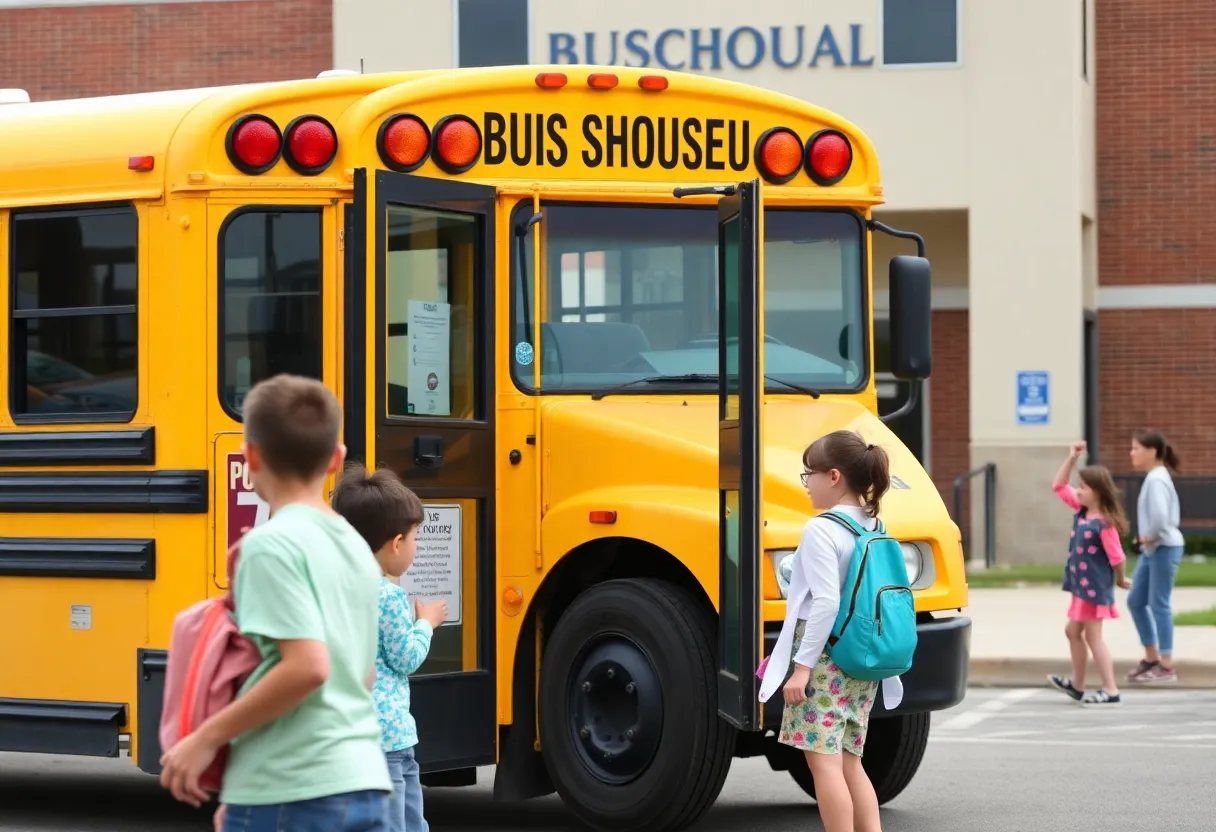 Families registering for bus transportation outside a Fayette County Public School