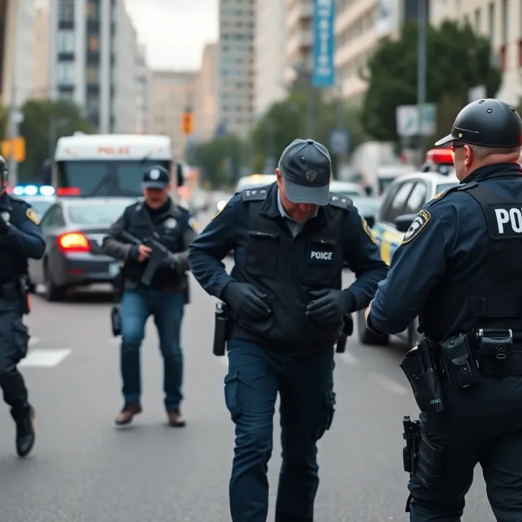 Police officers capturing a fugitive in an urban area