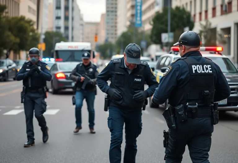 Police officers capturing a fugitive in an urban area