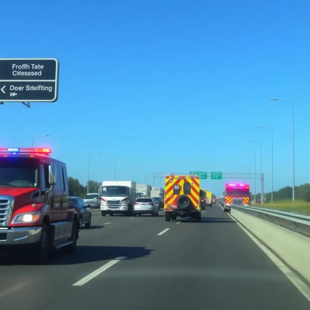 Traffic congestion on I-75 with emergency vehicles present.