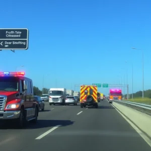 Traffic congestion on I-75 with emergency vehicles present.