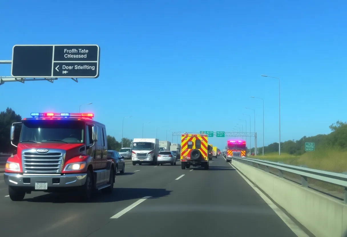 Traffic congestion on I-75 with emergency vehicles present.