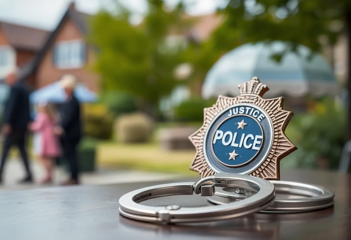 Symbol of justice with police badge and handcuffs