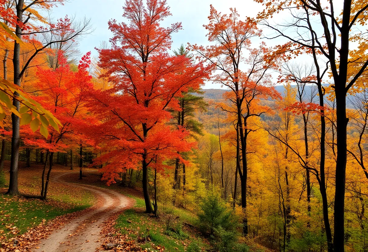 A scenic landscape of Kentucky State Park celebrating its centennial, with autumn foliage