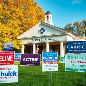 A political landscape in Kentucky with town hall settings