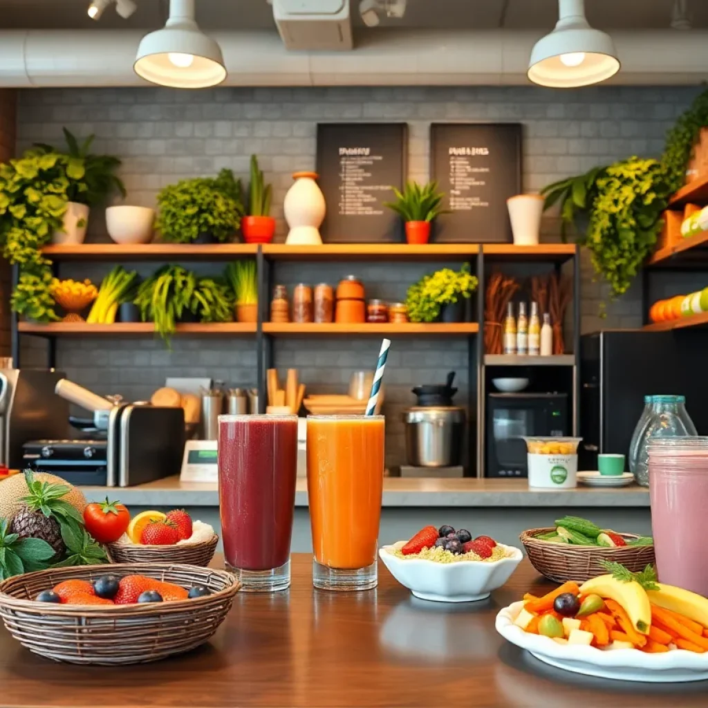 Interior view of Kitchen Shift smoothie bar showcasing healthy dishes