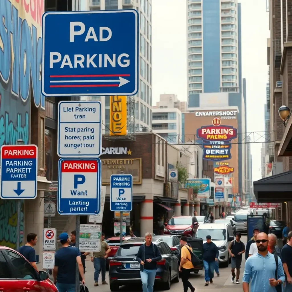 Crowd in Lexington's Distillery District with parking signs