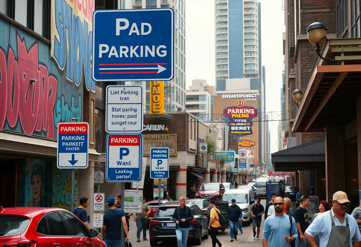 Crowd in Lexington's Distillery District with parking signs