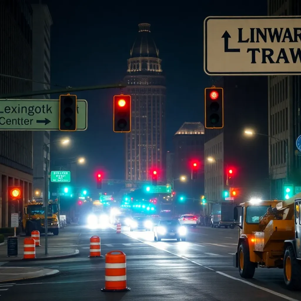 Nighttime roadwork in downtown Lexington