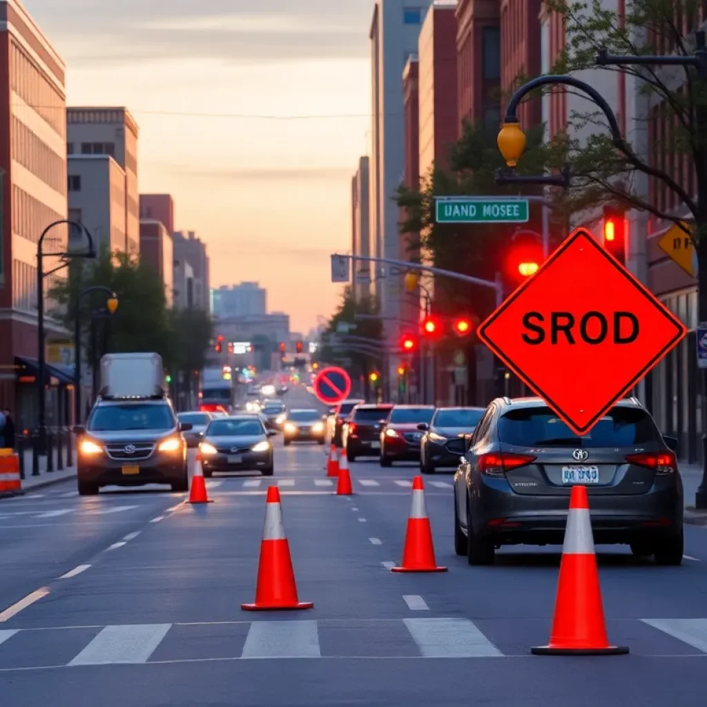 Traffic in downtown Lexington with construction signs and lane closures.