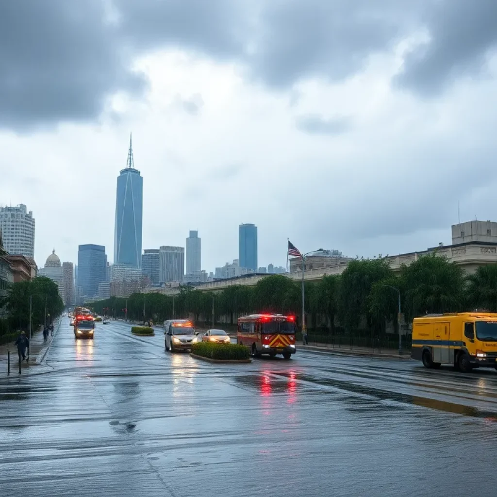 Cityscape of Lexington experiencing heavy rainfall and flooding.