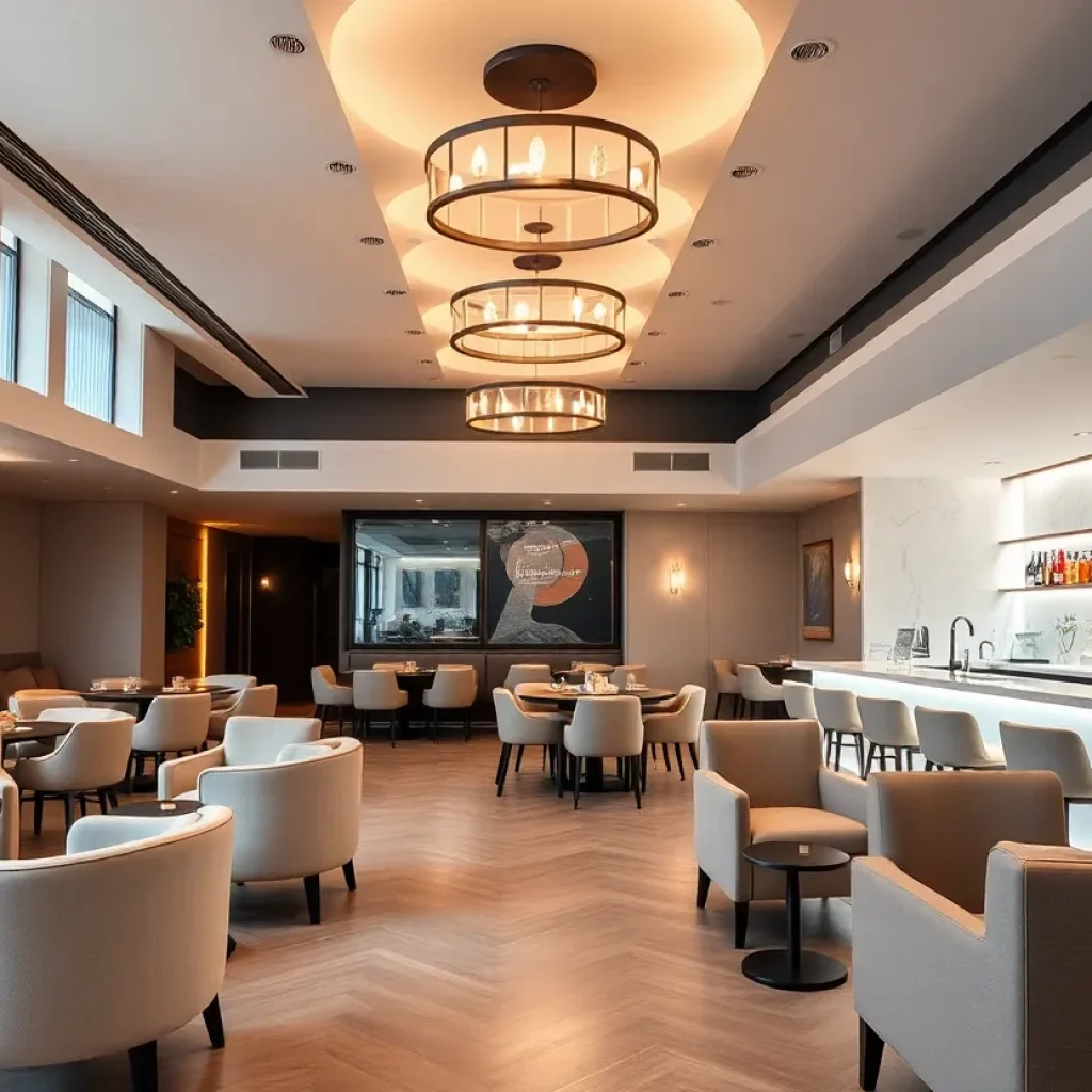 Modern private club interior in Lexington with stylish bar and seating.