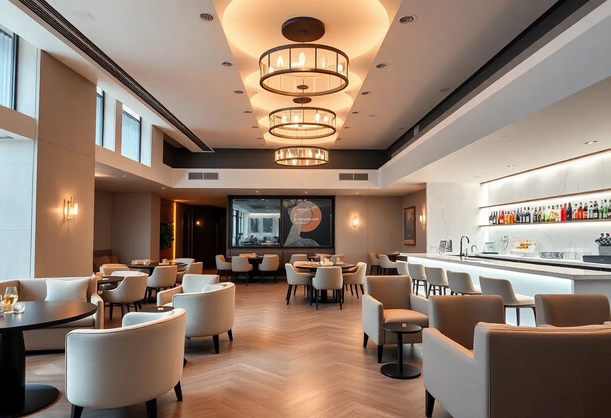 Modern private club interior in Lexington with stylish bar and seating.