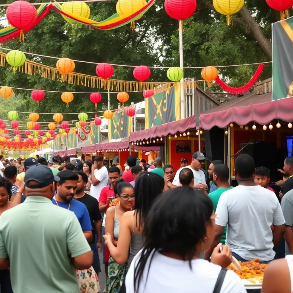 Crowd enjoying the Lexington Reggae Fest with a stage and Jamaican food stalls.