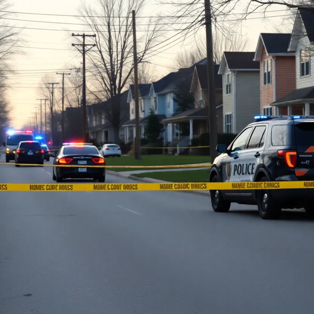 Police vehicles and crime scene following a shooting in Lexington, Kentucky