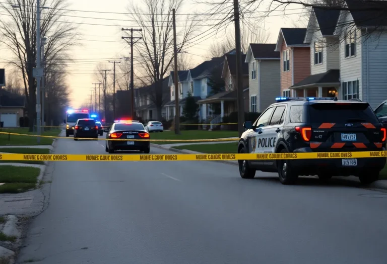 Police vehicles and crime scene following a shooting in Lexington, Kentucky