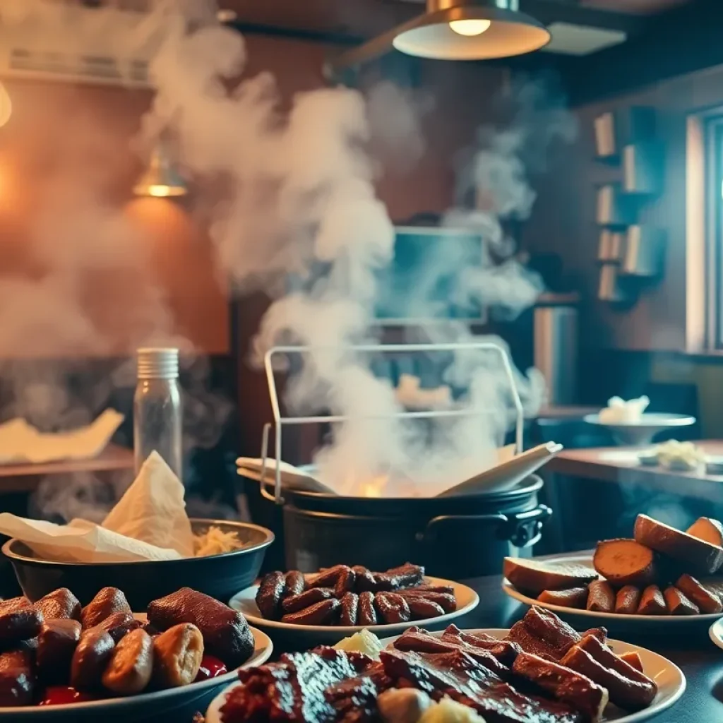 Interior view of LX BBQ with barbecue dishes and smoke from the grill