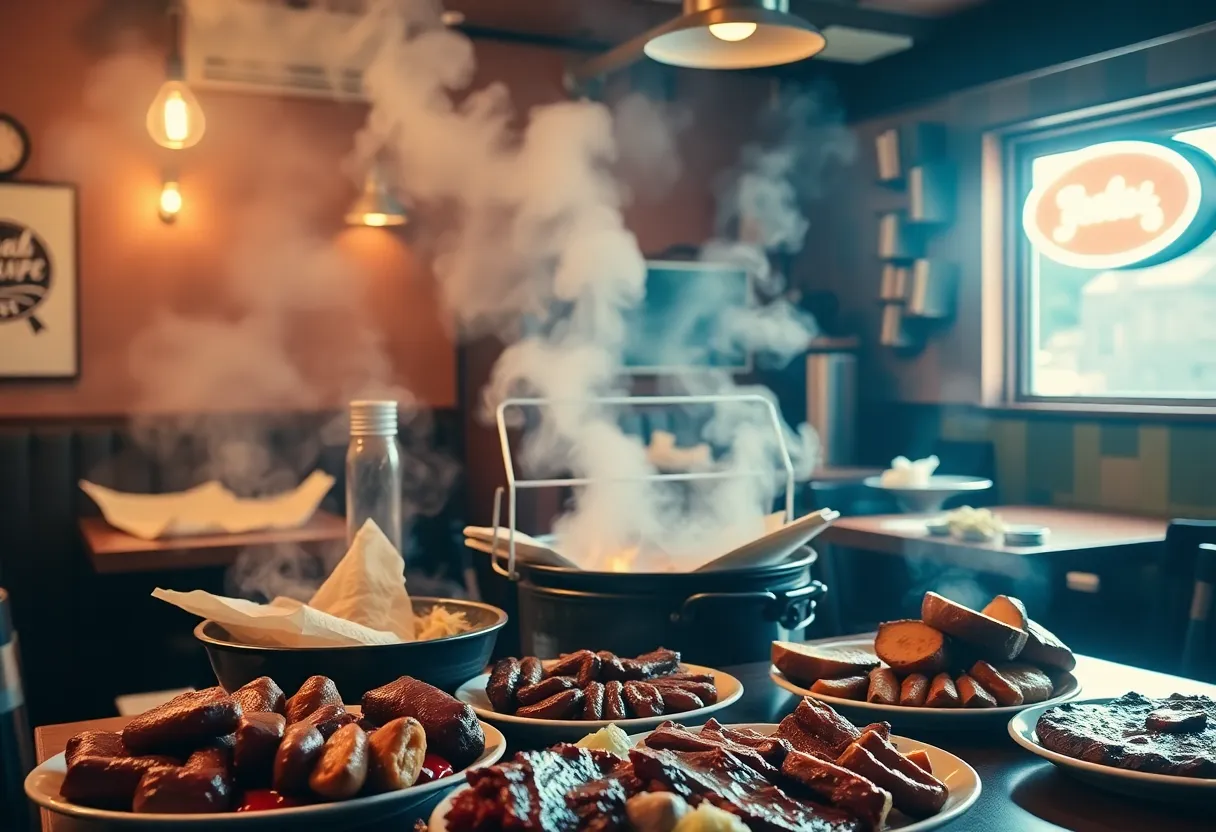 Interior view of LX BBQ with barbecue dishes and smoke from the grill