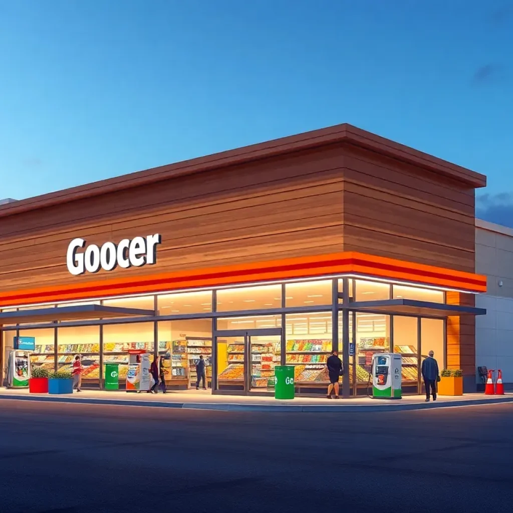 Exterior view of the new Kroger Marketplace with shoppers and gas station.