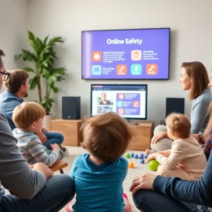 Adults engaged in an online safety training session with children in a safe environment.