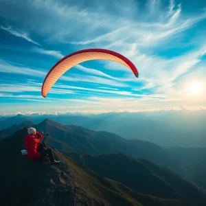 Daring paragliding scene with mountains and a vivid sky