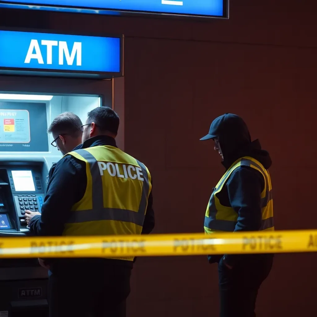 Law enforcement inspecting an ATM for fraudulent activities