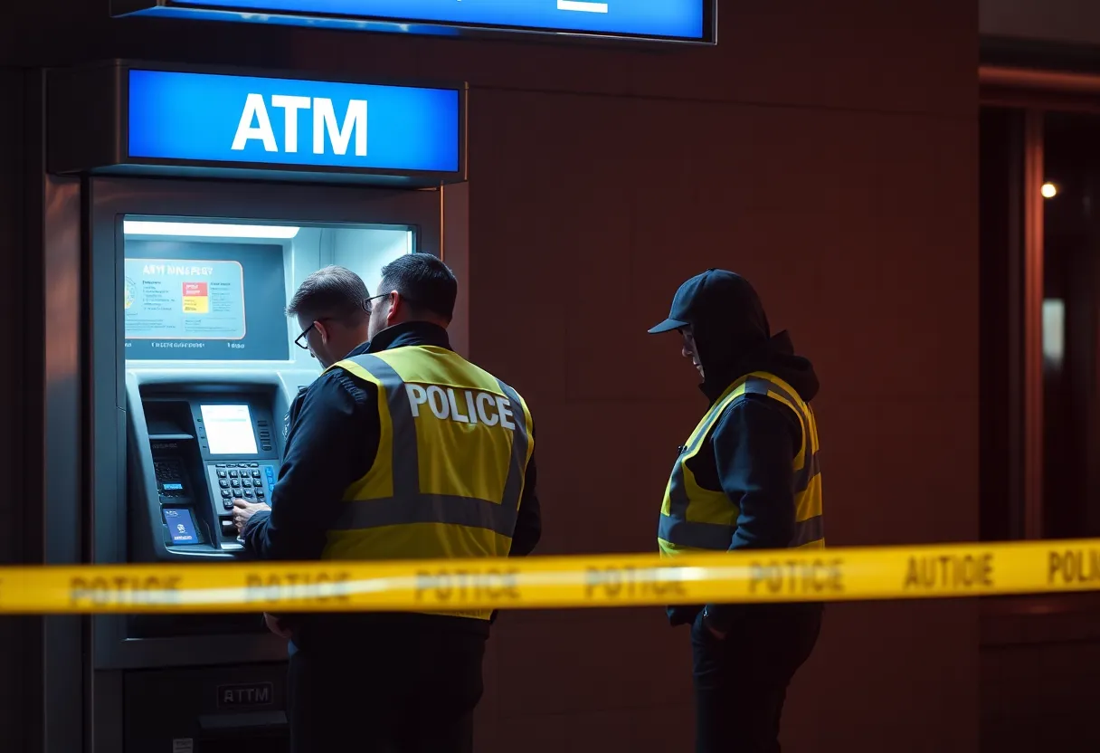 Law enforcement inspecting an ATM for fraudulent activities