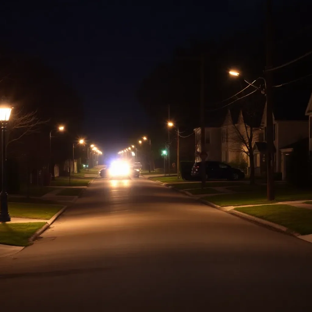 Police lights illuminating a Lexington street at night