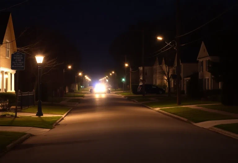 Police lights illuminating a Lexington street at night
