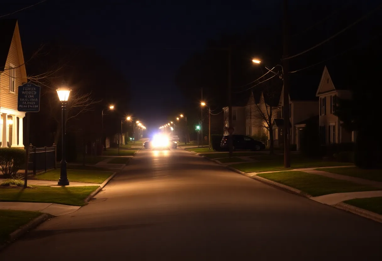 Police lights illuminating a Lexington street at night