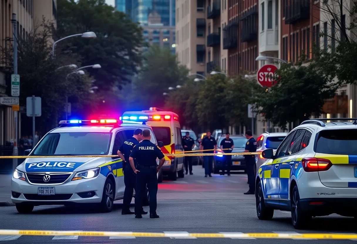 Policemen and emergency vehicles at the scene of a stabbing incident