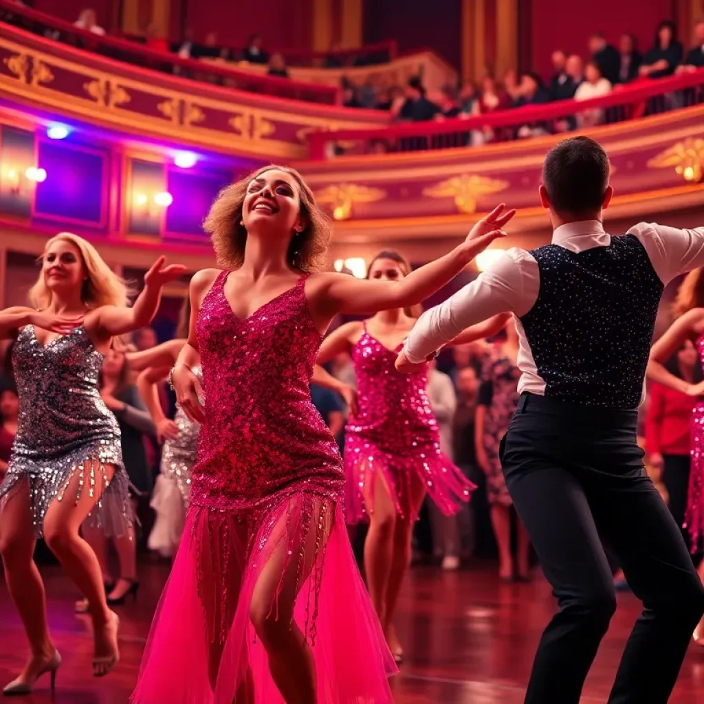 Dancers performing in a colorful revival of 42nd Street at the Lexington Theatre Company.