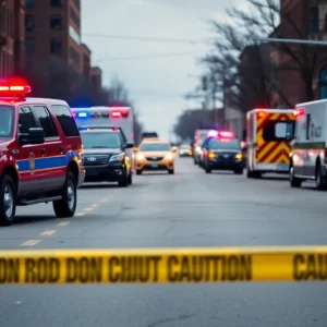 Emergency vehicles at the scene of a road accident in Lexington, KY.