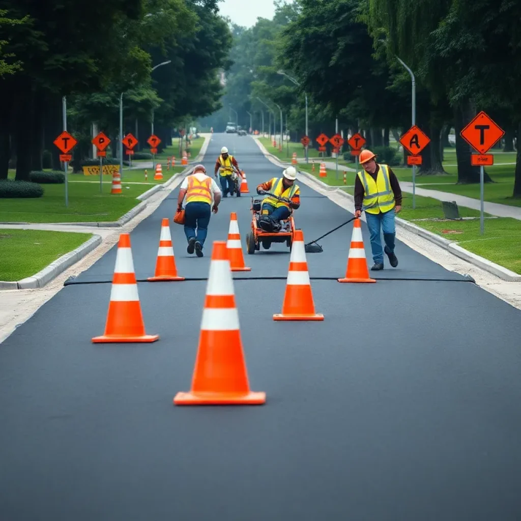 Construction workers paving Shillito Park Road in Lexington
