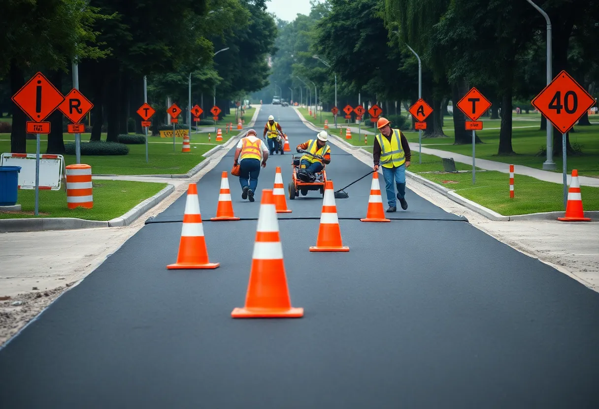Construction workers paving Shillito Park Road in Lexington