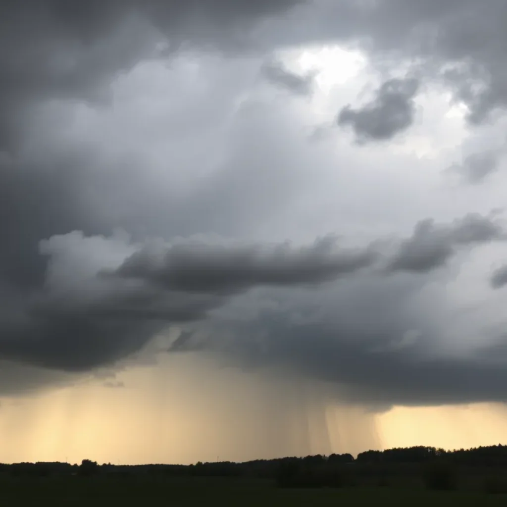 Dark clouds and showers over a Kentucky landscape