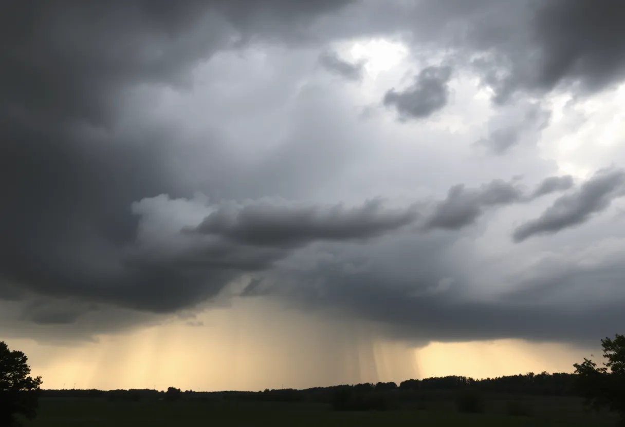 Dark clouds and showers over a Kentucky landscape