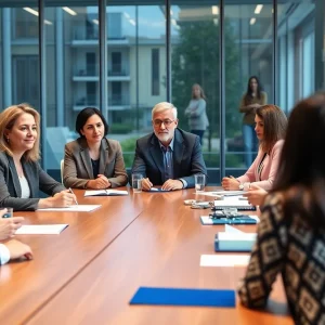 Diverse individuals engaged in a board meeting for the University of Kentucky.