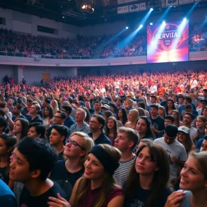 A crowd of attendees engaged in worship during the Unite Kentucky revival.