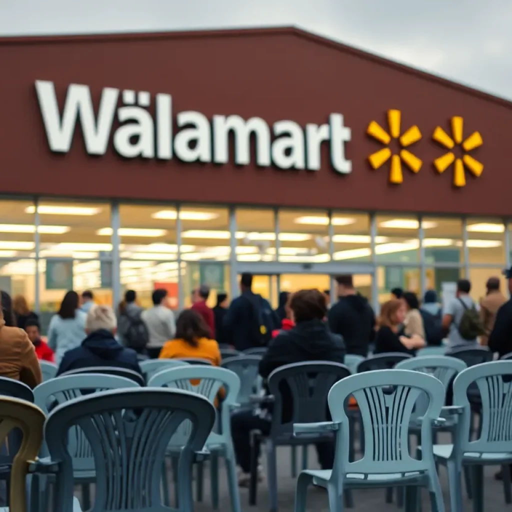 Scene of an outdoor Walmart store with plastic chairs.