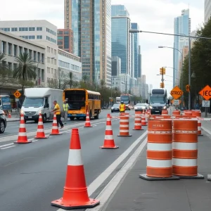 Lane closures on West High Street with construction workers and traffic cones