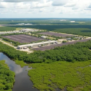 Exterior view of the Alligator Alcatraz immigration detention facility in Florida