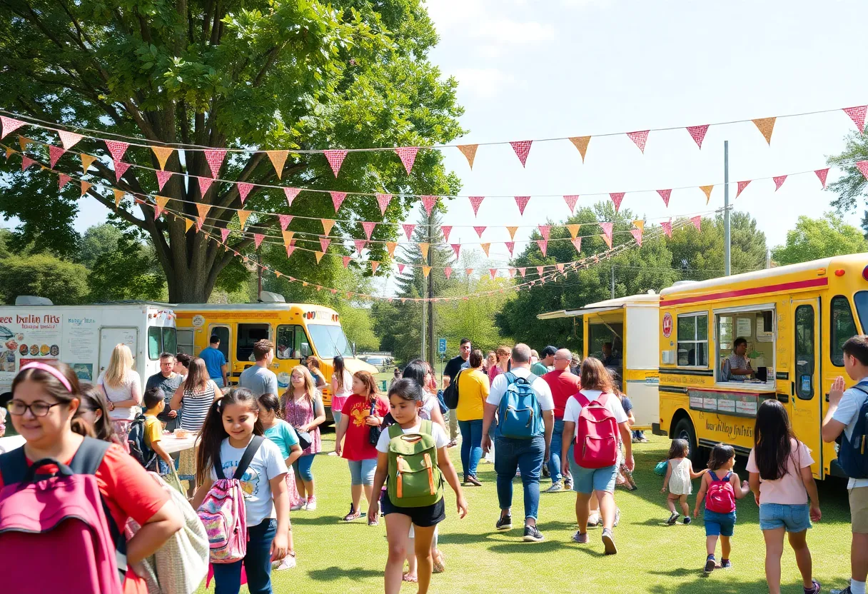 Families enjoying a back-to-school event with school supplies and activities.