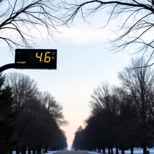 A wintery scene depicting a chilly morning in Lexington with a temperature reading of 46 degrees.