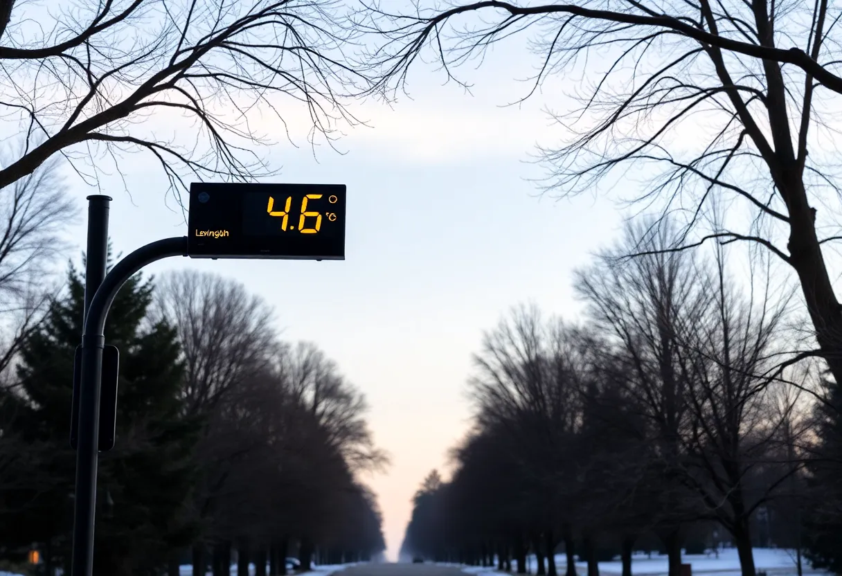 A wintery scene depicting a chilly morning in Lexington with a temperature reading of 46 degrees.