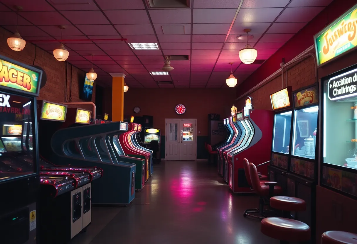 Closed Chuck E. Cheese entertainment center with empty arcade machines
