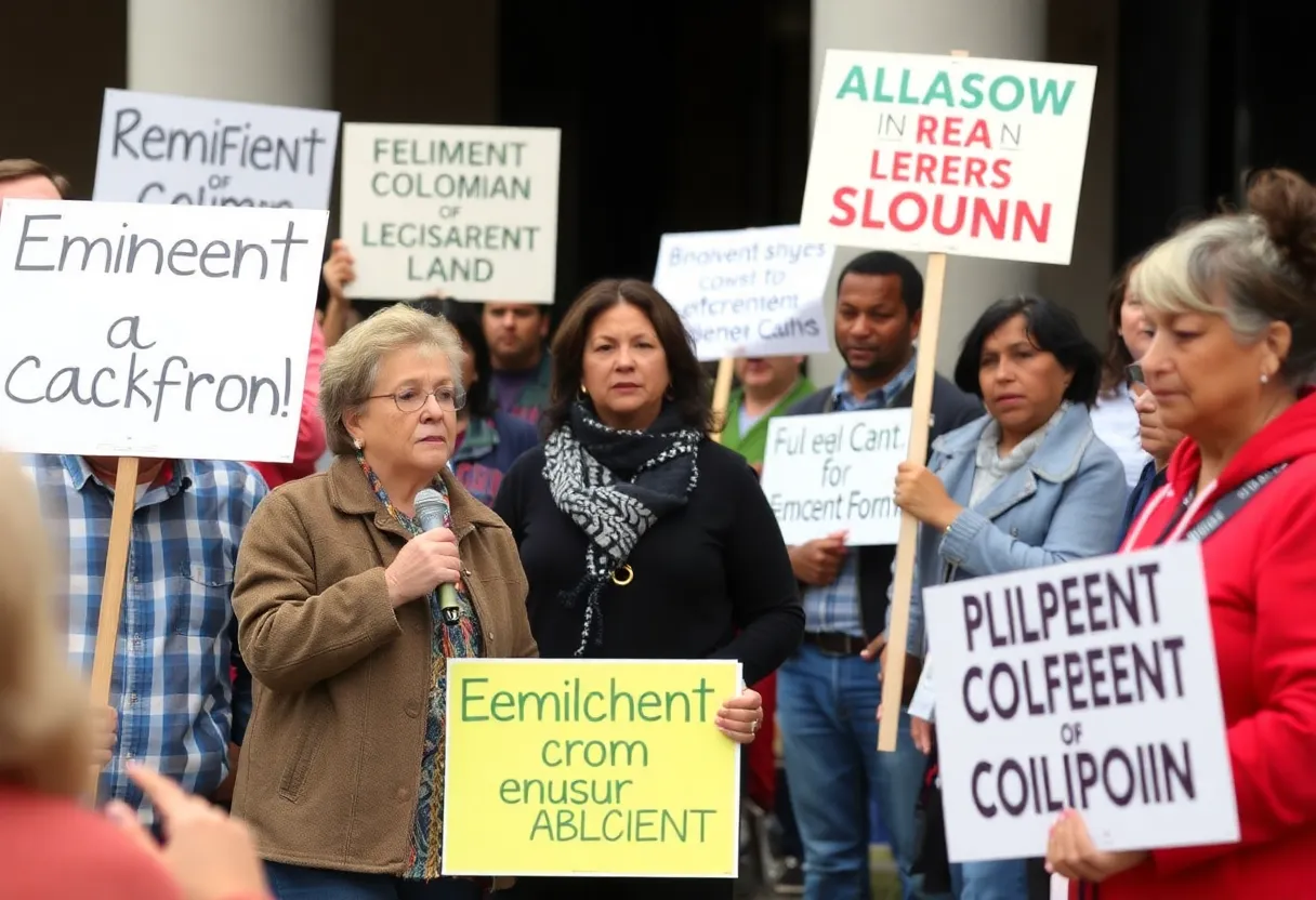 Residents gathered at a meeting discussing eminent domain issues.