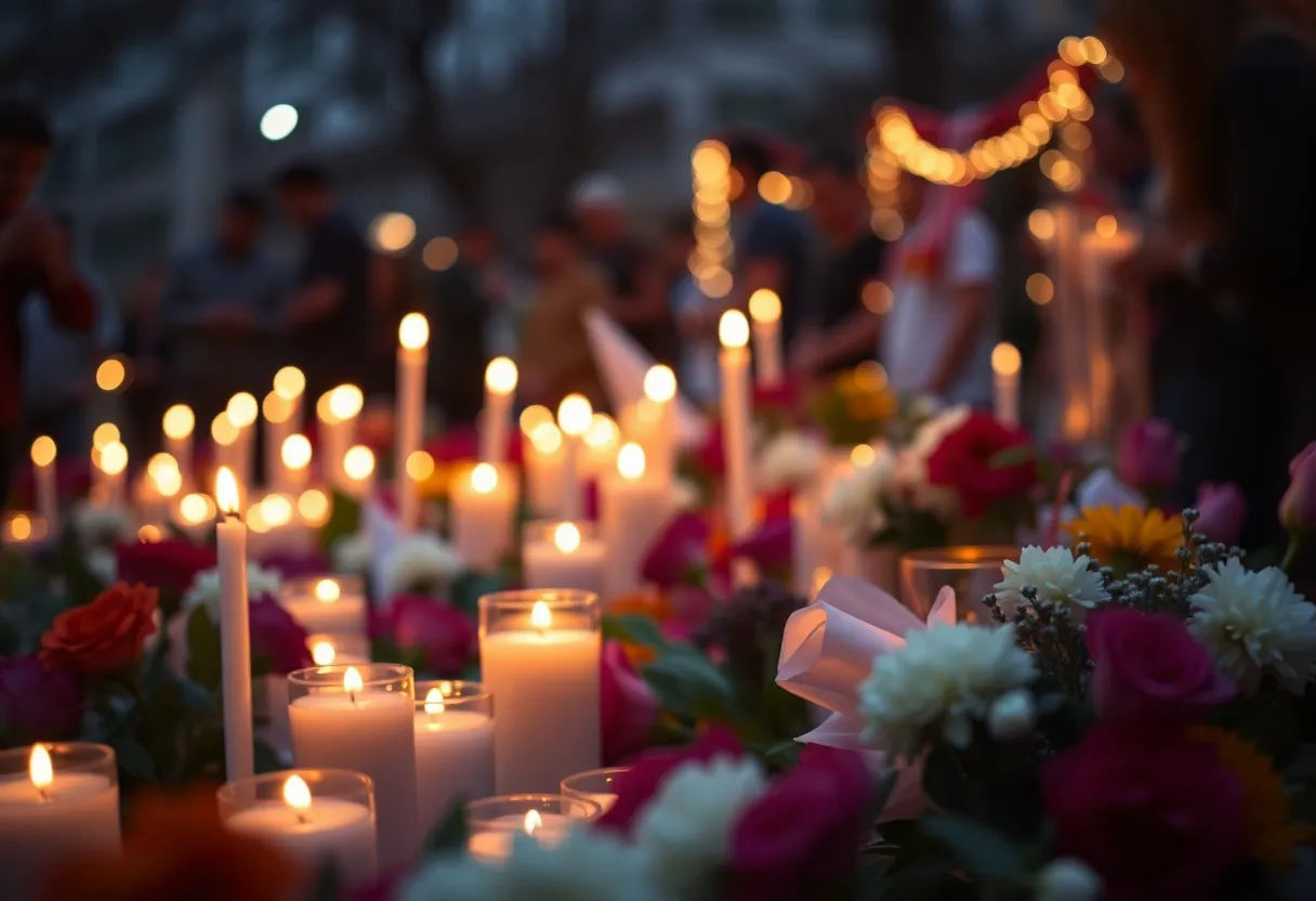 Candles and flowers at a community vigil for missing teens in Lexington.