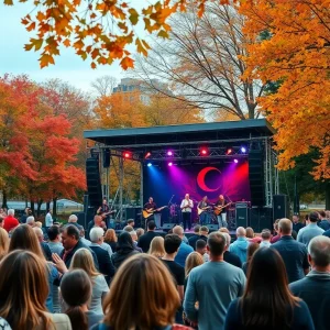 Concert-goers enjoying a live performance in a park during fall